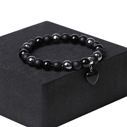Смешанные камни Браслеты с подвесками из натурального черного обсидиана и синтетического немагнитного гематита, эластичные браслеты для женщин, сердце