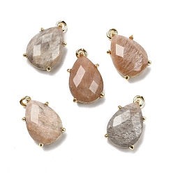 Солнечный Камень Ограненные подвески из натурального солнечного камня, стойки с позолоченными латунными подвесками-каплями, 17x10x6 мм, отверстие : 1.5 мм