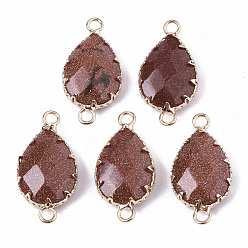 Goldstone Synthetic Goldstone Links connectors, with Golden Tone Brass Open Back Settings, Faceted, Teardrop, 26.5~27.5x14x6mm, Hole: 2mm
