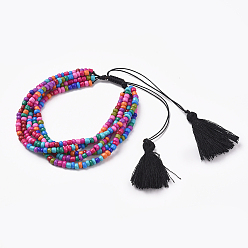 Colorful Adjustable Glass Seed Beads Braided Bead Bracelets, Multi-strand Bracelets, with Nylon Thread and Cotton Thread Tassel, Colorful, 1-3/4 inch~3-1/8 inch(4.4~7.9cm)