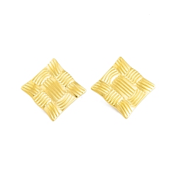 Real 14K Gold Plated Ion Plating(IP) 304 Stainless Steel Stud Earrings for Women, Texture Rhombus, Real 14K Gold Plated, 24x24mm