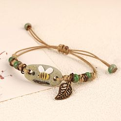 Светло-зеленый Коричневый Регулируемые фарфоровые бусины-цветы ручной работы плетеные браслеты из бусин, браслеты с подвесками в виде листьев из сплава для женщин, оливковый, 7-1/8 дюйм (18 см)