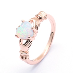 Roségold Synthetische opale Fingerringe, mit Zirkonia und Messing Zubehör, langlebig überzogen, irisches Herz, Größe 7, weiß, Roségold, 17 mm