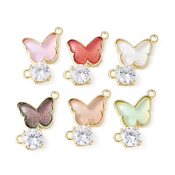 Настоящее золото 18K Подвески-коннекторы из латуни с микропаве из кубического циркония и стекла, бабочка, стойки покрытие, долговечный, без кадмия и без свинца, реальный 18 k позолоченный, 17.5x17.5x4.5 мм, отверстие : 1.5 мм