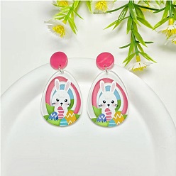 Темно-Розовый Акриловые болтаться серьги стержня, слеза с кроликом, платина, темно-розовыми, 67x30 мм