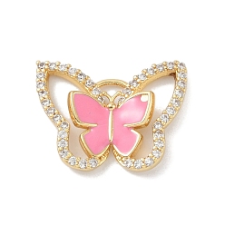 Pearl Pink Rack Plating Brass Micro Pave Clear Cubic Zirconia Pendants, with Enamel, Long-Lasting Plated, Lead Free & Cadmium Free, Real 18K Gold Plated, Butterfky, Pearl Pink, 15x19.5x3mm, Hole: 1.4mm