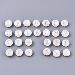 Letter A~Z Natural Freshwater Shell Beads, with Golden Plated Brass Etched Metal Embellishments, Horizontal Hole, Flat Round with Letter, Alphabet, Seashell Color, Letter A~Z, 8x3~5mm, Hole: 0.5~0.7mm, about 26pcs/set