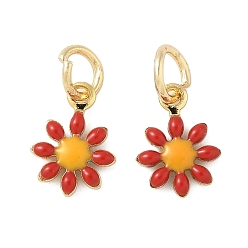 Красный Латунь эмаль прелести, цветочный шарм, с целью перехода в кольце, без свинца и без кадмия, долговечный, стойки покрытие, реальный 18 k позолоченный, красные, 10x7.5x2 мм, отверстие : 3.4 мм