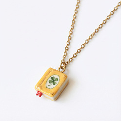 Gold 304 Stainless Steel Enamel Book Pendant Necklaces, Golden, Gold, 17.72 inch(45cm)