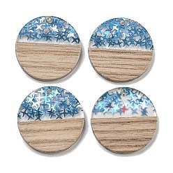 Темно-Голубой Деревянные подвески, смола и золотая фольга, плоско-круглые, глубокое синее небо, 28x4 мм, отверстие : 2 мм