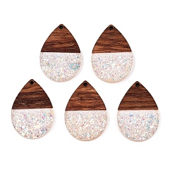 Льняное Полотно Подвески из эпоксидной смолы и орехового дерева, с пайеткой / блестками, слеза, белье, 36x24.5x3.5 мм, отверстие : 2 мм