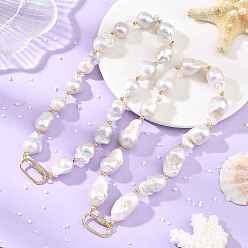 Golden Natural Baroque Keshi Pearl Nuggets Beaded Necklaces, with Brass Micro Pave Clear Cubic Zirconia Screw Carabiner Lock Charms, White, Golden, 16.14 inch(41cm)