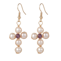 Amethyst Natural Shell & Amethyst Braided Cross Dangle Earrings, Gold Plated Brass Wire Wrap Jewelry for Women, 50mm, Pin: 0.6mm