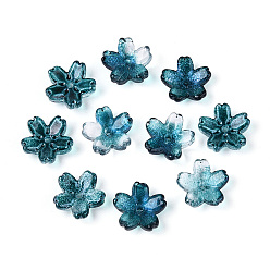 чирок Расписные прозрачные стеклянные шапочки для запекания, 5-лепестков цветка, с блеском порошок, зелено-синие, 12~12.5x4.5~5 мм, отверстие : 1.2~1.4 мм, Около 1750 шт / 1000 г