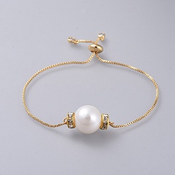 Golden Adjustable Slider Bracelets, Bolo Bracelets, with Plastic Imitation Pearl Beads, Cubic Zirconia, Brass Rhinestone Spacer Beads and Box Chains, Golden, 9-1/2 inch(24cm)
