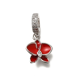 Красный Латунные прозрачные кубические цирконии цветы европейские подвески, подвески с большими отверстиями с эмалью, без кадмия и без свинца, долговечный, стойки покрытие, платина, красные, 24.5 мм, отверстие : 4.5 мм