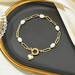 Golden Brass Heart Charm Paperclip Chain Bracelets for Women, with Natural Cultured Freshwater Pearl Beads, White, Golden, 7.68 inch(19.5cm)