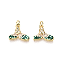 Розовый Латунные микропаве прозрачные подвески с фианитом, прелести рыбий хвост, с эмалью, золотые, туманная роза, 13.5~14x15.5~16x3 мм, отверстие : 3 мм, Перейти кольцо: 5x0.8 мм, внутренний диаметр: 3 мм