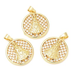 Real 18K Gold Plated Rack Plating Brass Micro Pave Cubic Zirconia Pendants, Long-Lasting Plated, Lead Free & Cadmium Free, Flat Round, Real 18K Gold Plated, 23x20x4.5mm, Hole: 4x3.5mm