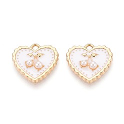 Белый Подвески из эмали и сплава, с ABS имитации жемчуга, сердце с вишневым шармом, золотые, белые, 17.5x18x4 мм, отверстие : 1.8 мм