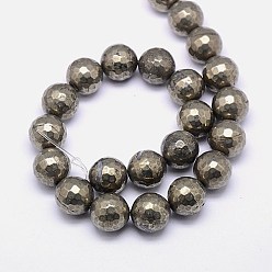 Pyrite Natural Pyrite Beads Strands, Round, Faceted, 14mm, Hole: 1mm, about 28pcs/strand, 15.74 inch