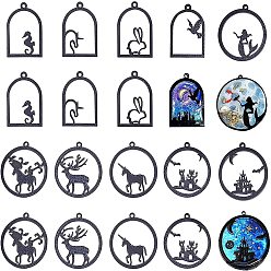 Black Acrylic Open Back Bezel Pendants, For DIY UV Resin, Epoxy Resin, Pressed Flower Jewelry, Mixed Shapes, Black, 20pcs/box