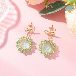 Морско-зеленый Серьги-гвоздики с подвесками из цветочного стекла, с цилиндрическим бисером и стеклянным бисером, золотые, цвета морской волны, 38x24 мм