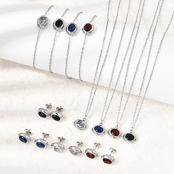 Stainless Steel Color 304 Stainless Steel & Cubic Zirconia Stud Earrings & Pendant Necklaces & Link Bracelets Sets, Oval, Mixed Color, Stainless Steel Color, 450~460mm