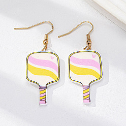 Разноцветный Акриловые серьги болтаться, ракетка для пиклбола с рисунком, золотые, спортивная тема, красочный, 55x19 мм