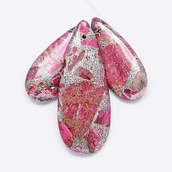 Фуксин Натуральный регалит / имперская яшма / морские отложения яшмовые подвески, импрессионная яшма с серебряной линией, окрашенные, слеза, фуксиново-красные, 34.5~50.5x15~20.5x6.5~7 мм, отверстие : 2 мм