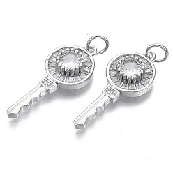 Platino Real Plateado Micro latón allanan colgantes cúbicos del zirconia, sin níquel, con anillos de salto, clave, Claro, Platino verdadero plateado, 26x10.5x4 mm, anillo de salto: 5x0.6 mm, diámetro interior: 3 mm