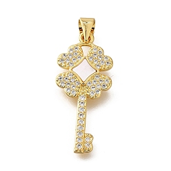 Настоящее золото 18K Подвески в форме ракушек из латуни с микропаве и кубическим цирконием, без кадмия и без свинца, ключ, реальный 18 k позолоченный, 25.5x16x3 мм, отверстие : 3.5 мм