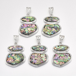 Colorful Abalone Shell/Paua Shell Big Pendants, with Alloy Findings and Resin Bottom, Colorful, 56x44x5.5mm, Hole: 15.5x7mm