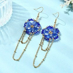 Royal Blue Electroplate Glass Woven Dangle Earrings for Women, Flower, 304 Stainless Steel Dangle Earrings, Real 18K Gold Plated, Royal Blue, 93.5x25.5mm