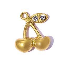 Настоящее золото 18K 304 подвески из нержавеющей стали и страз, вишневое очарование, ионное покрытие (ip), долговечный, кристалл, реальный 18 k позолоченный, 14x12 мм, отверстие: 1.30 мм