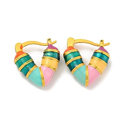 Зеленый Латунные серьги обруча, с полосовой эмалью, без кадмия и без свинца, долговечный, реальный 18 k позолоченный, сердце, зелёные, 17x5 мм