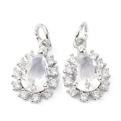 Platinum Brass Cubic Zirconia Charms, with Jump Ring, Long-Lasting Plated, Lead Free & Cadmium Free, Teardrop, Real Platinum Plated, 13.8x9.5x4.5mm