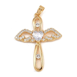 Настоящее золото 18K Латунные микро проложить кубического циркония подвески, подвески крест и крыло, без никеля , реальный 18 k позолоченный, 33.5x26x4 мм, отверстие : 4x2 мм