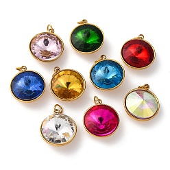 (52) Непрозрачная лаванда 316 подвески из граненого стекла из нержавеющей стали, плоско-круглые, ионное покрытие (ip), реальный 18 k позолоченный, с петлей, разноцветные, 15.5x13.5x7 мм, отверстие : 2.5 мм