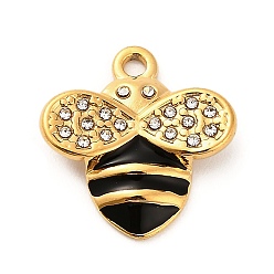 Черный 304 из нержавеющей стали Кристалл Rhinestone подвески, Эмаль стиле, реальный 18 k позолоченный, Пчелы, чёрные, 17.5x17x2.5 мм, отверстие : 1.8 мм