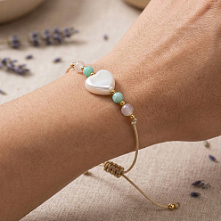Blanco Pulseras ajustables de cuentas trenzadas con perlas sintéticas en forma de corazón para uso diario, ideales para el verano., real 14 k chapado en oro, blanco, 11.02 pulgada (28 cm)