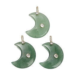 Aventurine Verte Pendentifs naturels aventurine verte, charmes lune, avec des pierres précieuses en laiton pavées de zircone cubique, or, 28~30x24.5~25.5x8~9mm, Trou: 5.5x6mm