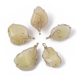 Pale Goldenrod Dyed Natural White Jade Wire Wrapped Pendants, with Light Gold Plated Iron Wire, Nuggets, Pale Goldenrod, 37~50x25~30x19~25mm, Hole: 3mm