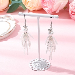 Белый Серьги-подвески из стеклянных бусин ручной работы, со стеклянной имитацией жемчуга, человек, старинное серебро и платина, белые, 75x16 мм