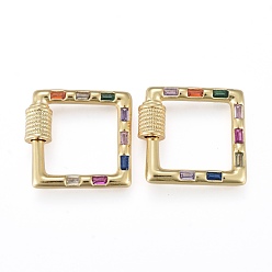 Real 18K Gold Plated Brass Micro Pave Cubic Zirconia Screw Carabiner Lock Charms, for Necklaces Making, Long-Lasting Plated, Square, Colorful, Real 18K Gold Plated, 18.5x18.5x4mm, Screw: 6x5x4.5mm