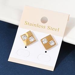 Золотой 304 Серьги-гвоздики из нержавеющей стали с прозрачным фианитом и микропаве, ромб, ионное покрытие (ip), золотые, 13x13 мм