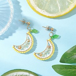 Лимон Серьги-гвоздики с фруктами из стекла, с акриловыми листьями и 304 фурнитурой для сережек из нержавеющей стали, лимон, 42~43.5x19.5 мм