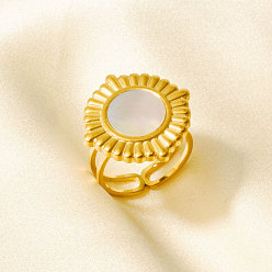 Настоящее золото 18K 304 Открытые кольца-манжеты из нержавеющей стали с натуральными ракушками для женщин, круглые, реальный 18 k позолоченный, 21 мм, внутренний диаметр: 17 мм