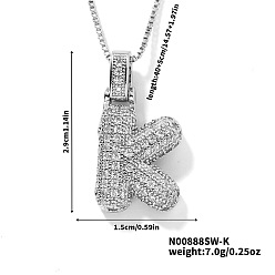 Letter K Элегантные латунные микропаве прозрачные кубические цирконии 3d начальные ожерелья, идеальный подарок для нее, платина, Письмо K, 15.75 дюйм (40 см)