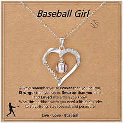 Серебро Спортивный мяч сердце сплав микро паве прозрачный кубический цирконий кулон ожерелья для девочек, платина, бейсбол, 15.75 дюйм (40 см)